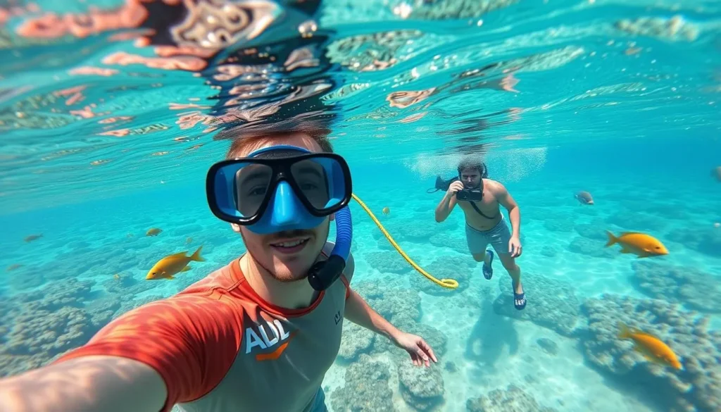 Tourist with snorkel gear exploring shallow reef in the Maldives