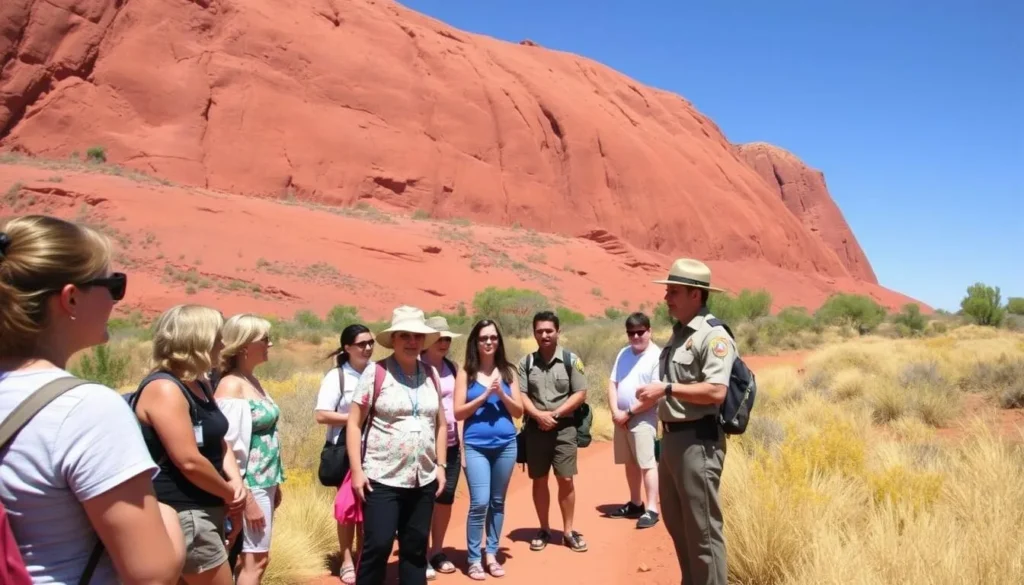 Tourists enjoying a free ranger-guided Mala Walk at the base of Uluru, Best Things to Do in Yulara, Northern Territory Tourists enjoying a free ranger-guided Mala Walk at the base of Uluru, Best Things to Do in Yulara, Northern Territory