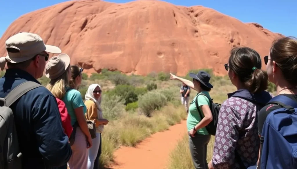 Tourists enjoying a guided walk around the base of Uluru with an Aboriginal guide explaining cultural sites, Best Things to Do in Yulara, Northern Territory Tourists enjoying a guided walk around the base of Uluru with an Aboriginal guide explaining cultural sites, Best Things to Do in Yulara, Northern Territory