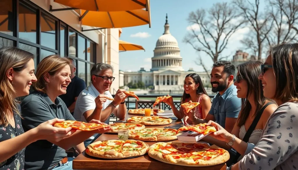 Tourists enjoying pizza at an outdoor patio of a Washington DC acclaimed pizza restaurant with the Capitol building visible in the background Tourists enjoying pizza at an outdoor patio of a Washington DC acclaimed pizza restaurant with the Capitol building visible in the background