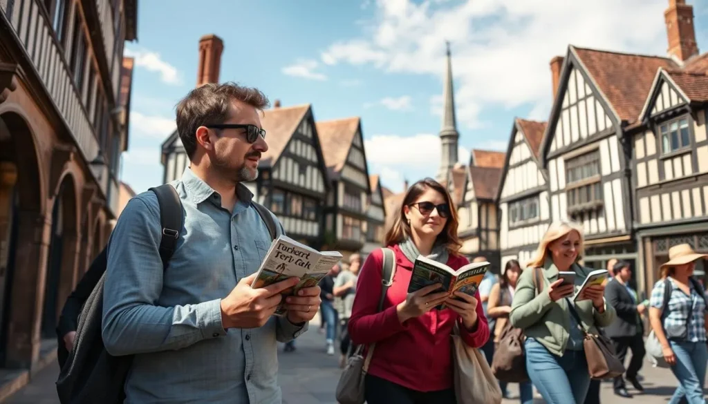 Tourists exploring Stratford-upon-Avon with maps and guidebooks on a sunny day Tourists exploring Stratford-upon-Avon with maps and guidebooks on a sunny day
