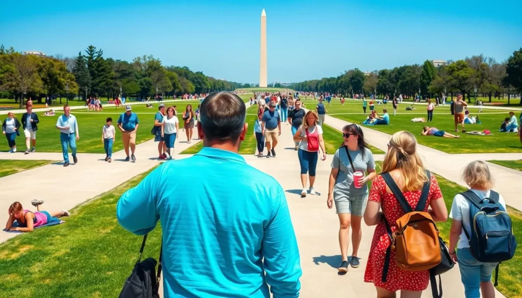 Tourists exploring the National Mall on a beautiful day with the Washington Monument in the background