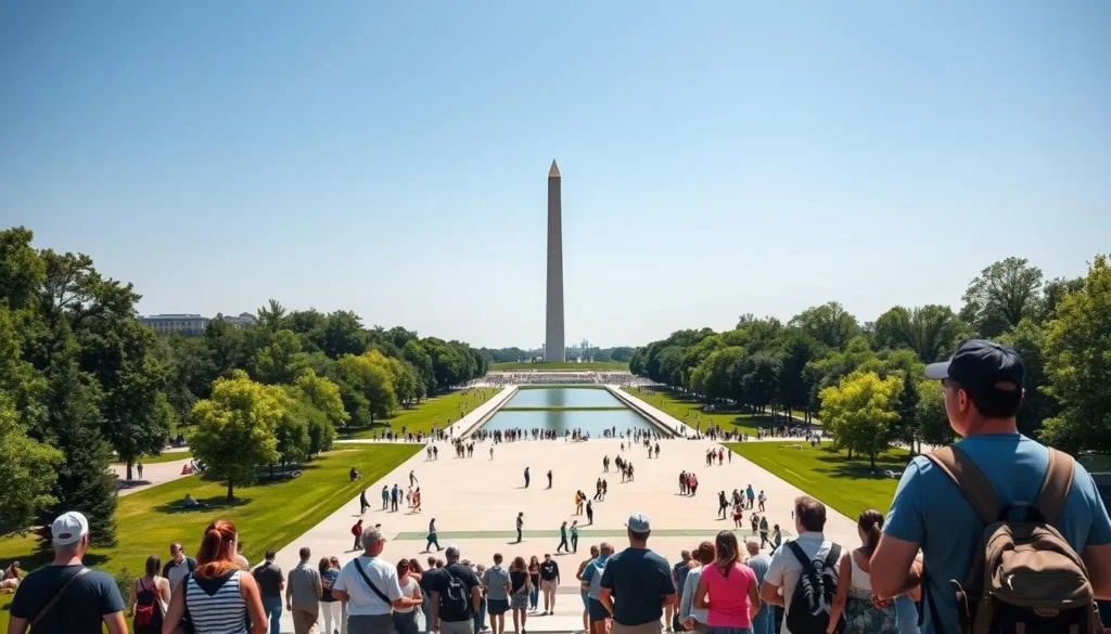 Tourists exploring the National Mall with the Washington Monument in the background Tourists exploring the National Mall with the Washington Monument in the background