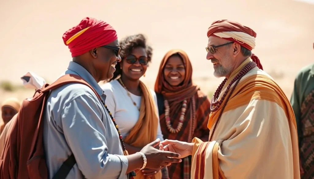 Tourists interacting respectfully with local Namibian guides in traditional dress - best things to do in Namibia