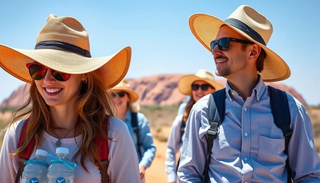 Tourists properly dressed for Uluru visit with hats, sunglasses and water bottles walking near Uluru (Ayers Rock) Tourists properly dressed for Uluru visit with hats, sunglasses and water bottles walking near Uluru (Ayers Rock)