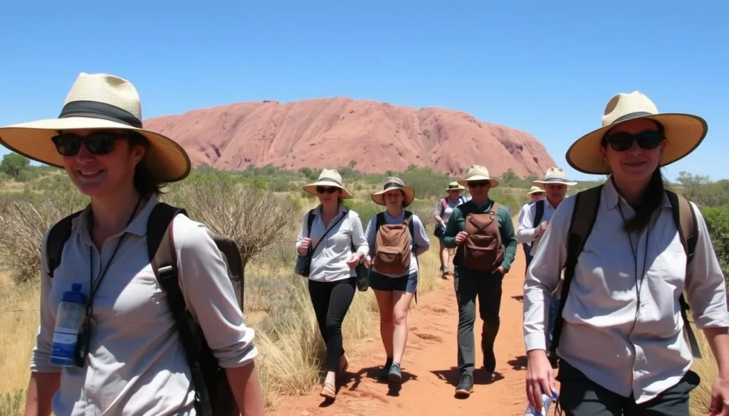 Tourists properly dressed for desert conditions walking along a trail at Uluru-Kata Tjuta National Park, Best Things to Do in Yulara, Northern Territory Tourists properly dressed for desert conditions walking along a trail at Uluru-Kata Tjuta National Park, Best Things to Do in Yulara, Northern Territory