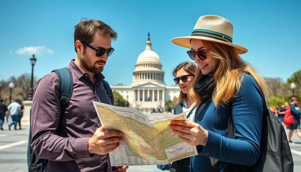 Tourists using a map to navigate Washington DC with the Capitol dome visible in the background