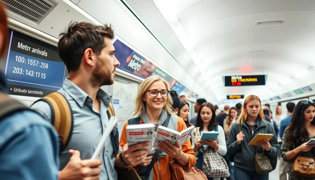 Tourists using the DC Metro system with a Metro map visible in the background