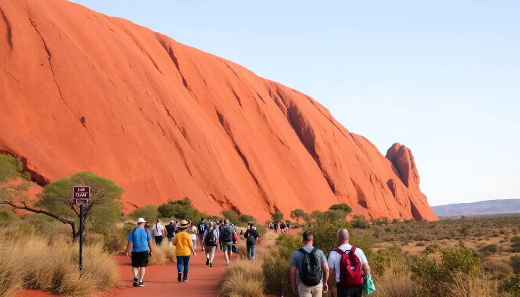 Tourists walking along the Uluru Base Walk trail with the massive red rock wall of Uluru (Ayers Rock) beside them Tourists walking along the Uluru Base Walk trail with the massive red rock wall of Uluru (Ayers Rock) beside them