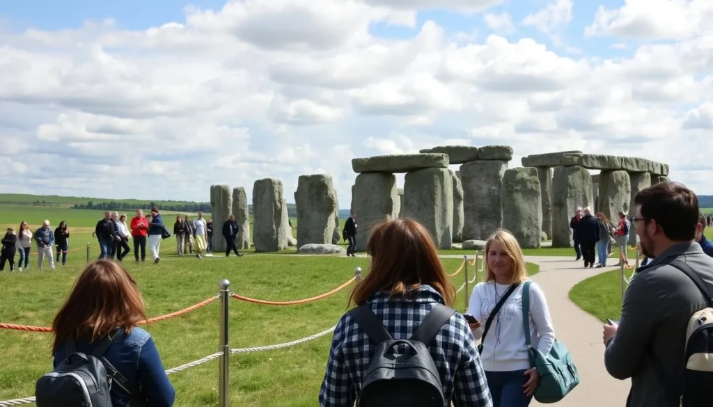 Tourists walking around Stonehenge on the visitor path with audio guides
