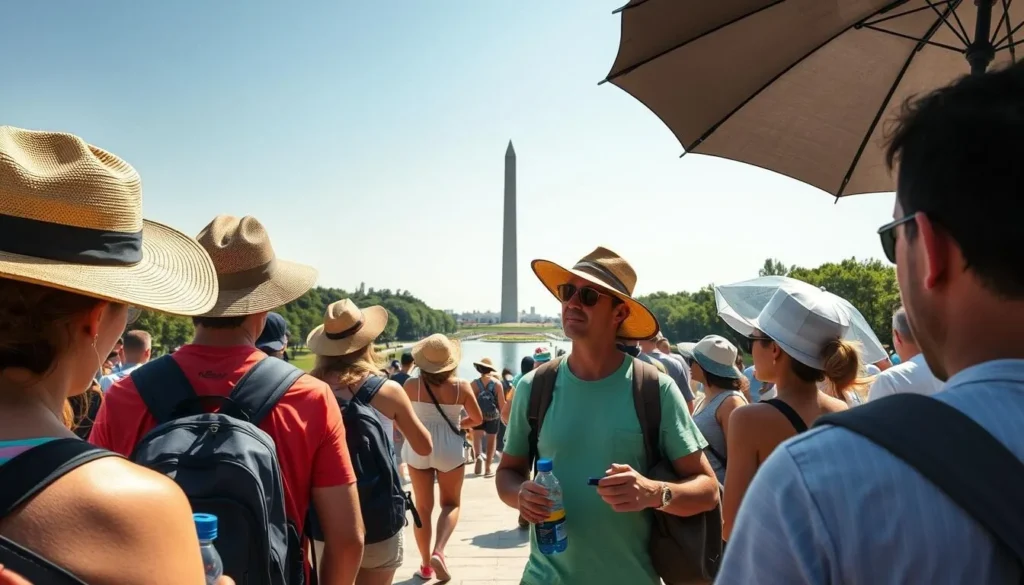 Tourists with water bottles and sun protection exploring the National Mall on a hot summer day Tourists with water bottles and sun protection exploring the National Mall on a hot summer day