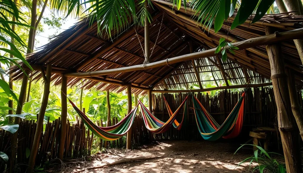 Traditional Amerindian carbet (open-air shelter) in the rainforest with hammocks Traditional Amerindian carbet (open-air shelter) in the rainforest with hammocks