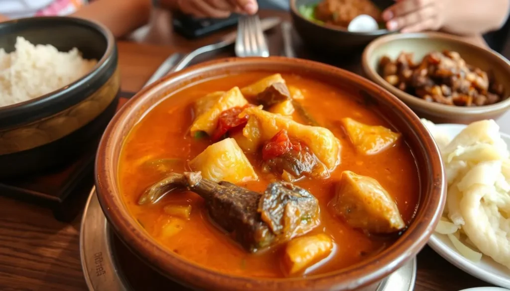 Traditional Awara broth dish served in a restaurant in French Guiana Traditional Awara broth dish served in a restaurant in French Guiana