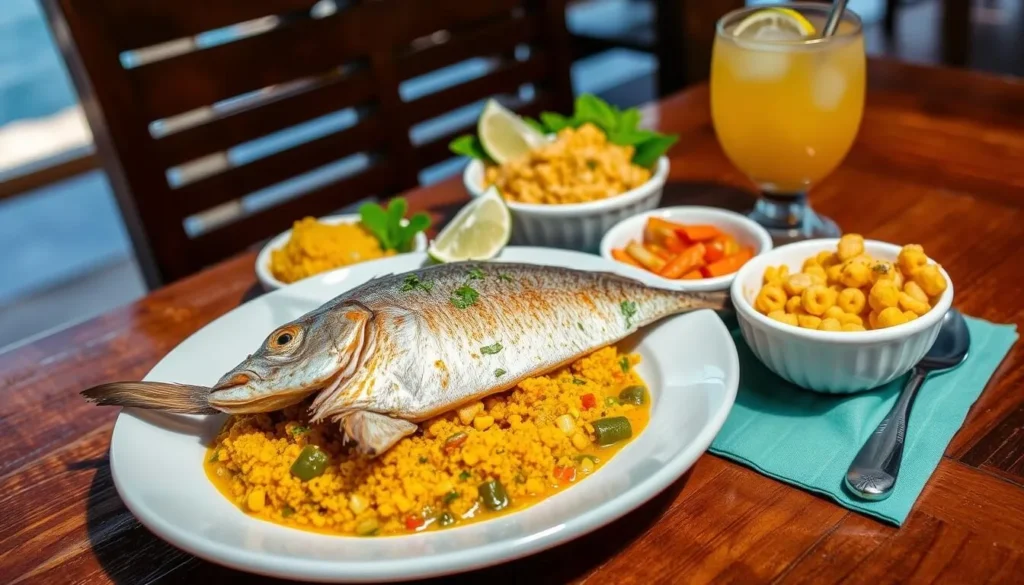 Traditional Bajan seafood dish with flying fish and cou-cou served at a Carlisle Bay restaurant Traditional Bajan seafood dish with flying fish and cou-cou served at a Carlisle Bay restaurant