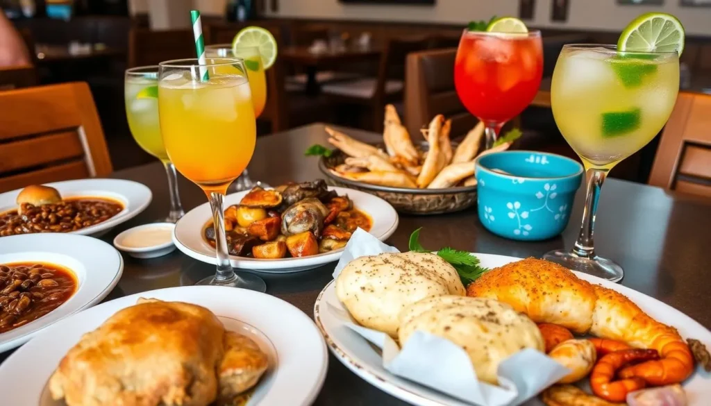 Traditional Brazilian food and caipirinha cocktails served at a restaurant in Ipanema
