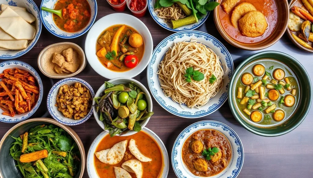 Traditional Burmese cuisine with various colorful dishes served on a table Traditional Burmese cuisine with various colorful dishes served on a table