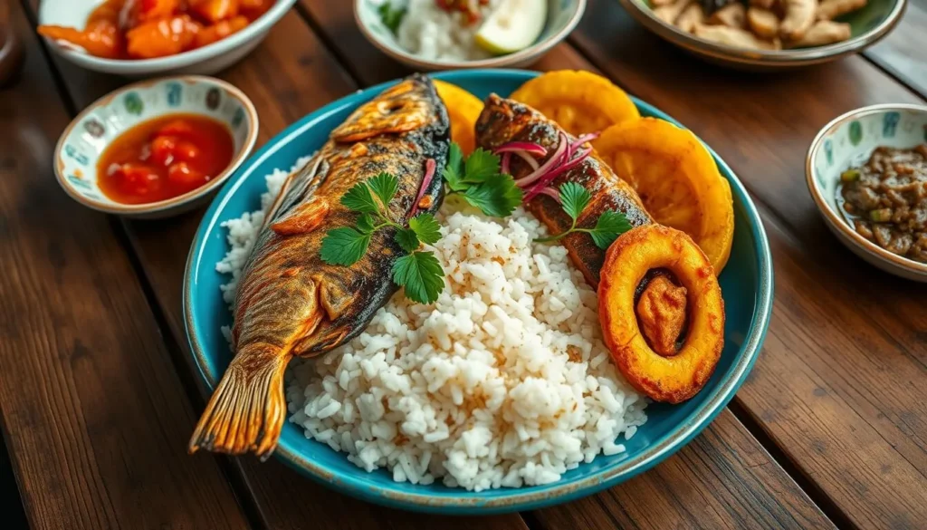 Traditional Caribbean seafood dish from Barranquilla with coconut rice, fish, and plantains Traditional Caribbean seafood dish from Barranquilla with coconut rice, fish, and plantains