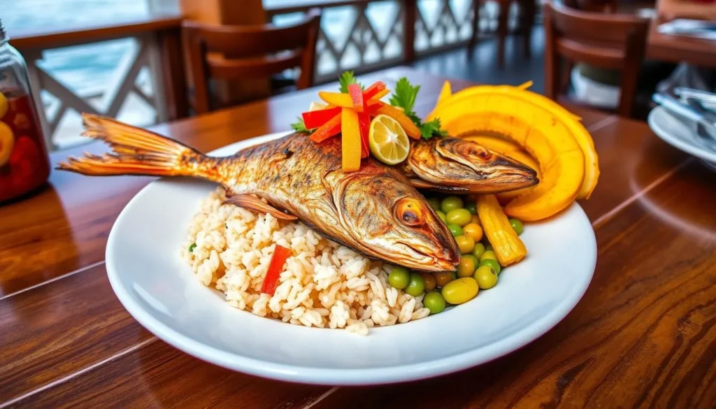 Traditional Caribbean seafood dish with fresh fish, rice and peas, and tropical garnish Traditional Caribbean seafood dish with fresh fish, rice and peas, and tropical garnish