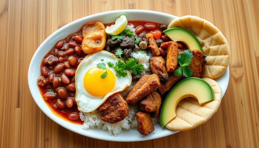 Traditional Colombian dish Bandeja Paisa with beans, rice, meat, avocado, and arepa, one of the best things to do in Colombia is trying local cuisine Traditional Colombian dish Bandeja Paisa with beans, rice, meat, avocado, and arepa, one of the best things to do in Colombia is trying local cuisine