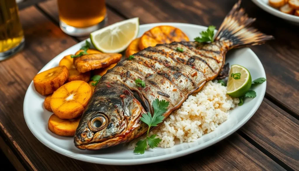Traditional Colombian seafood dish with coconut rice and plantains Traditional Colombian seafood dish with coconut rice and plantains