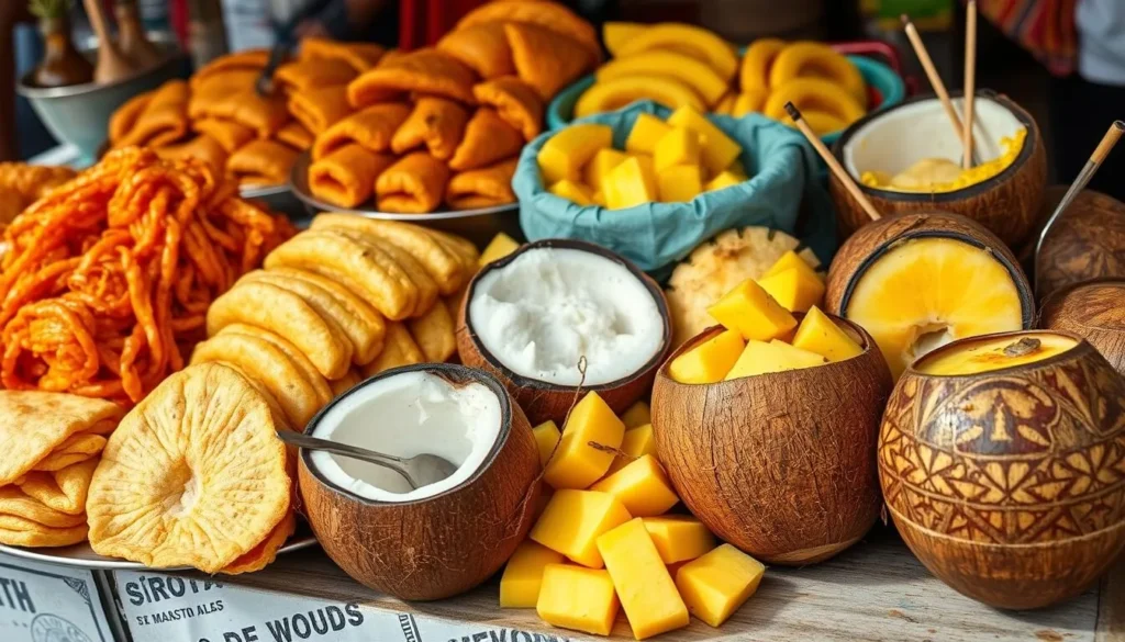 Traditional Colombian street food including arepas, empanadas, and fresh tropical fruit Traditional Colombian street food including arepas, empanadas, and fresh tropical fruit
