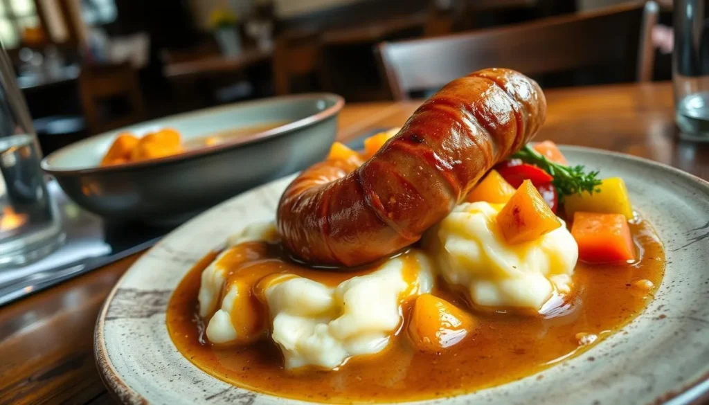 Traditional Cumberland sausage with mashed potatoes and gravy in a Lake District pub Traditional Cumberland sausage with mashed potatoes and gravy in a Lake District pub