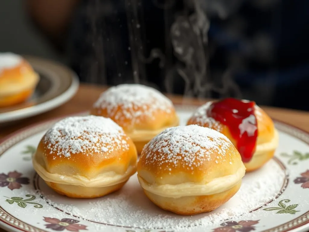 Traditional Danish aebleskiver pastries being served in Solvang, California, a must-try food experience Traditional Danish aebleskiver pastries being served in Solvang, California, a must-try food experience