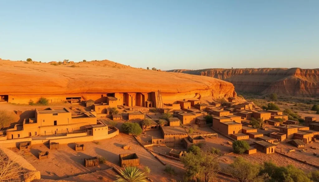 Traditional Dogon village built into the Bandiagara Escarpment with distinctive granaries and houses