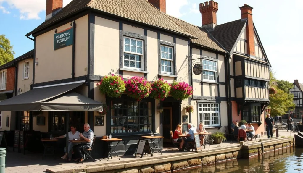 Traditional English pub in Stratford-upon-Avon with outdoor seating along the River Avon Traditional English pub in Stratford-upon-Avon with outdoor seating along the River Avon