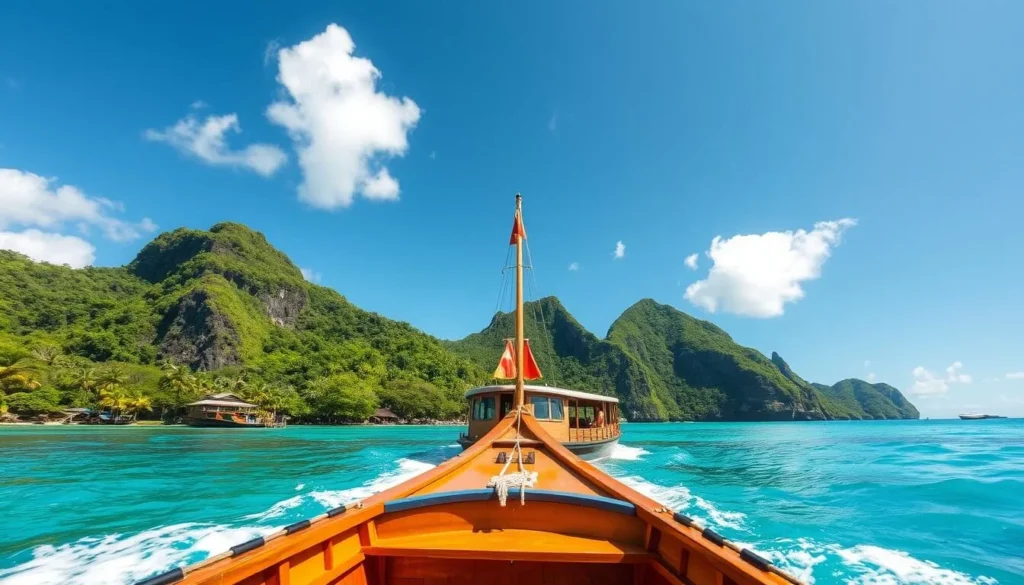 Traditional Fijian boat sailing between tropical islands with clear turquoise water
