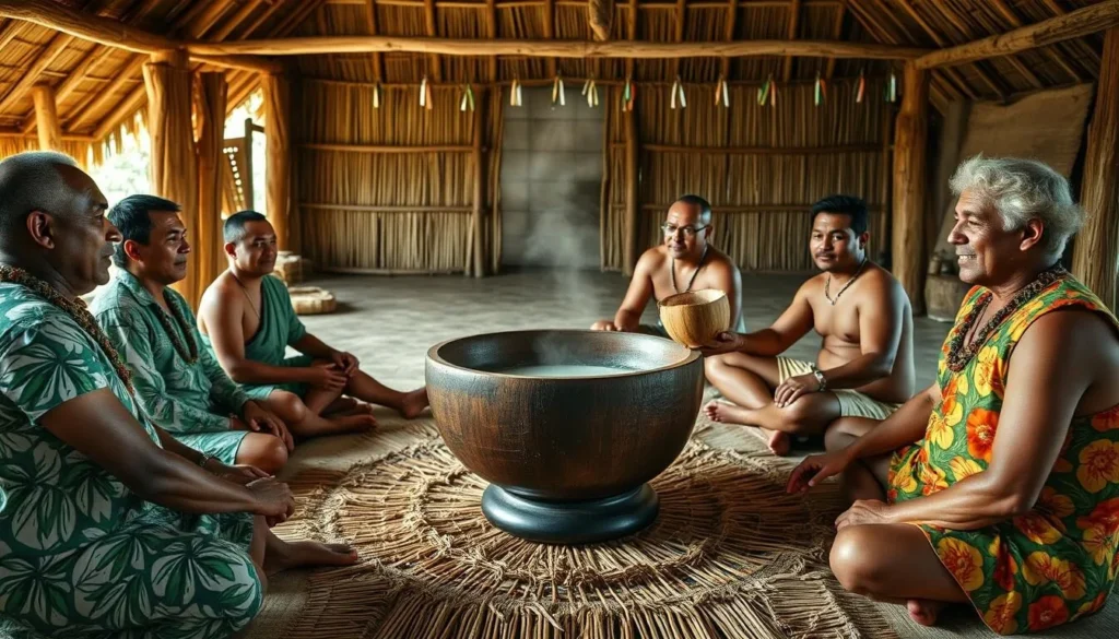 Traditional Fijian kava ceremony with participants sitting around a tanoa bowl