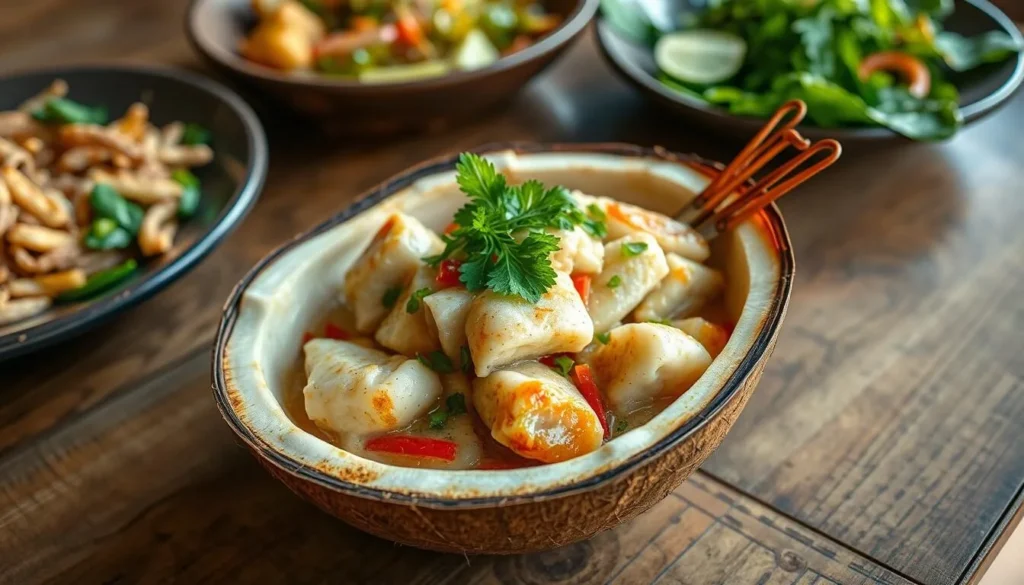 Traditional Fijian kokoda dish served in a coconut half with fresh garnishes