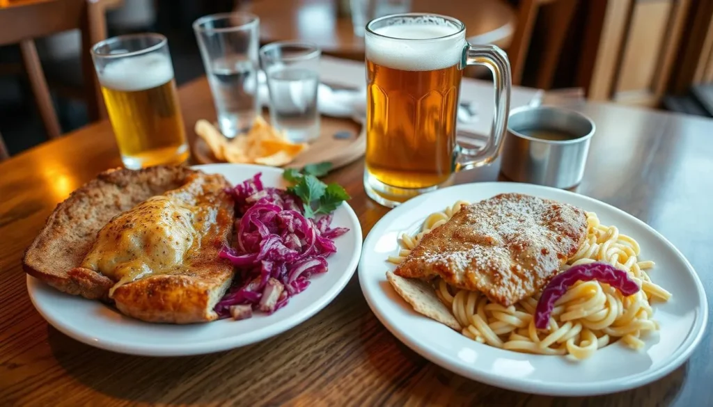 Traditional German food platter with schnitzel, spaetzle, and beer at a Helen Georgia restaurant