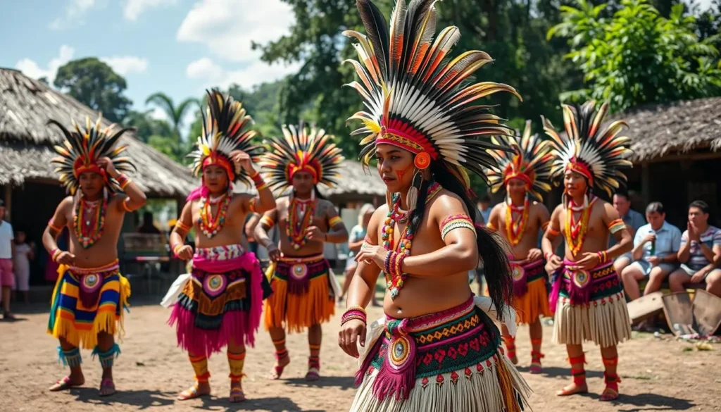 Traditional Guaraní cultural performance with indigenous dancers in colorful attire