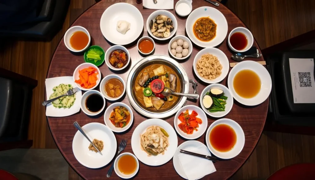 Traditional Korean table setting with multiple banchan dishes surrounding main courses