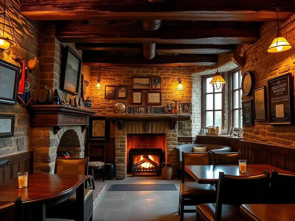 Traditional Lake District pub with stone walls, wooden beams and a roaring fire Traditional Lake District pub with stone walls, wooden beams and a roaring fire