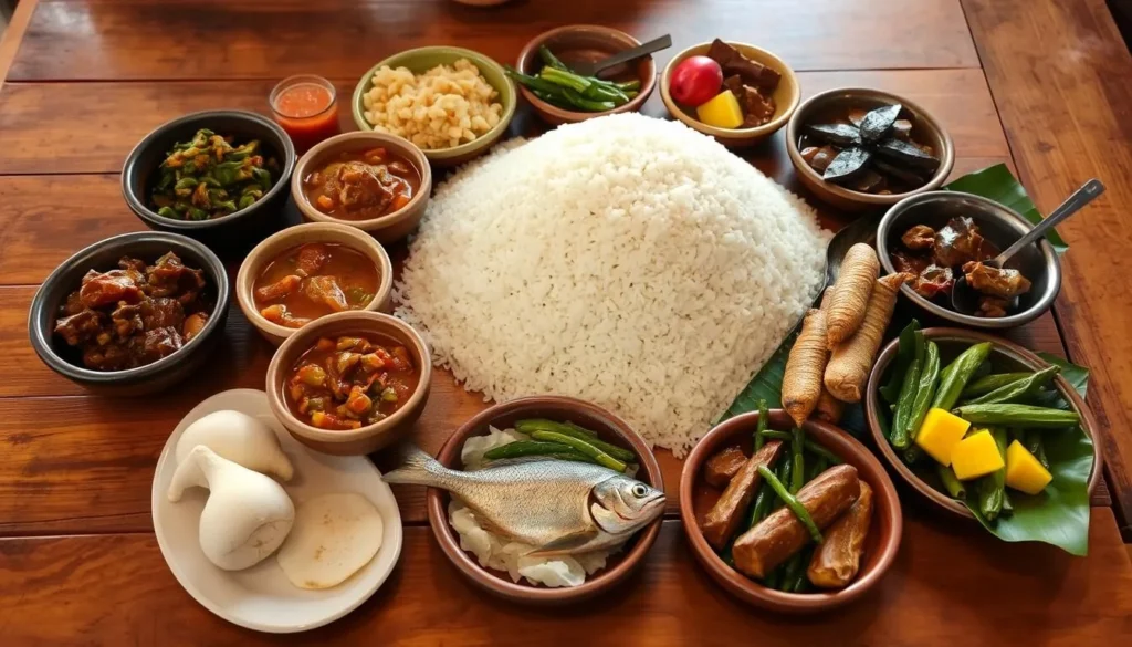 Traditional Malagasy meal with rice and various accompaniments Traditional Malagasy meal with rice and various accompaniments
