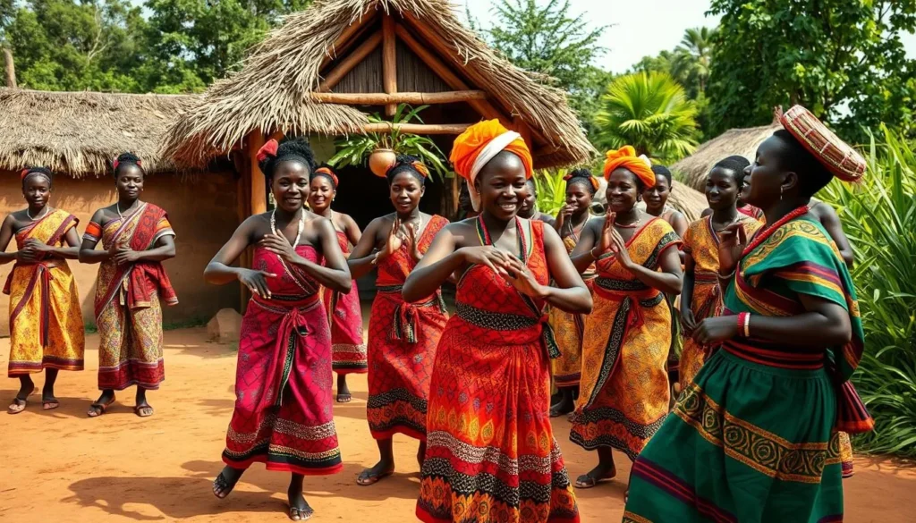 Traditional Malawian welcome ceremony with dancers in colorful attire greeting visitors