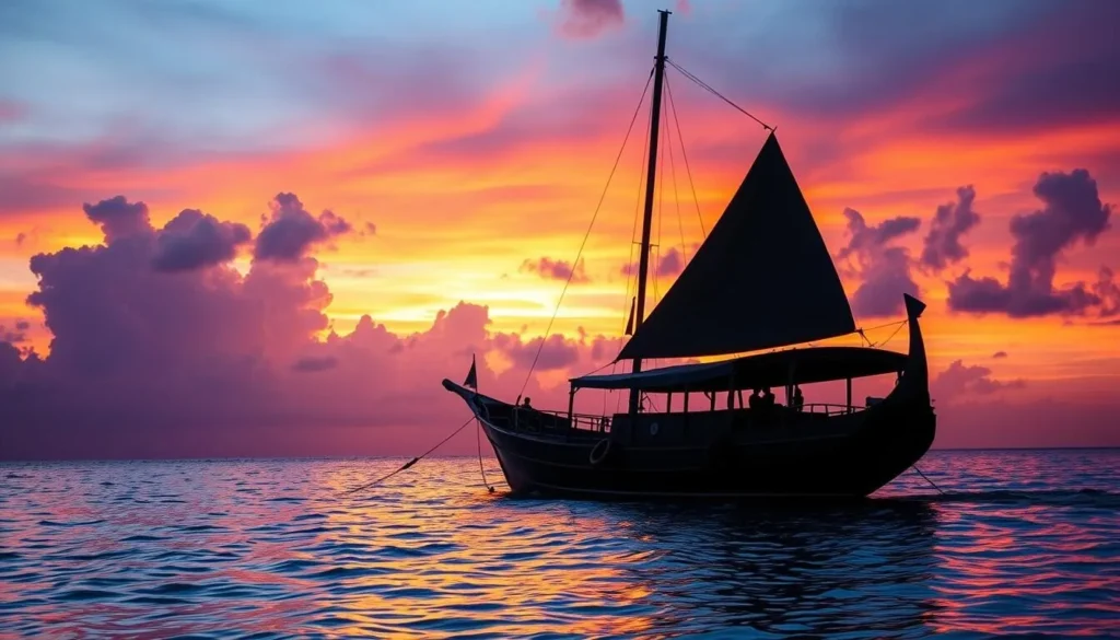 Traditional Maldivian dhoni boat during sunset cruise with colorful sky