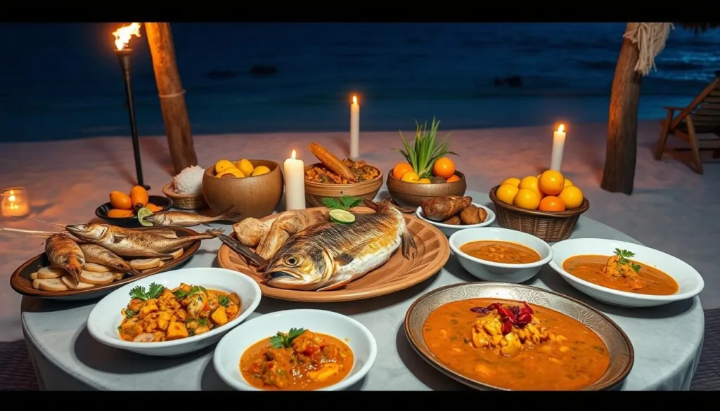 Traditional Maldivian seafood feast served on a resort beach
