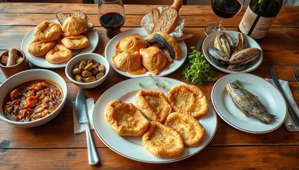 Traditional Maltese food including pastizzi (cheese pastries), rabbit stew, and fresh seafood dishes Traditional Maltese food including pastizzi (cheese pastries), rabbit stew, and fresh seafood dishes