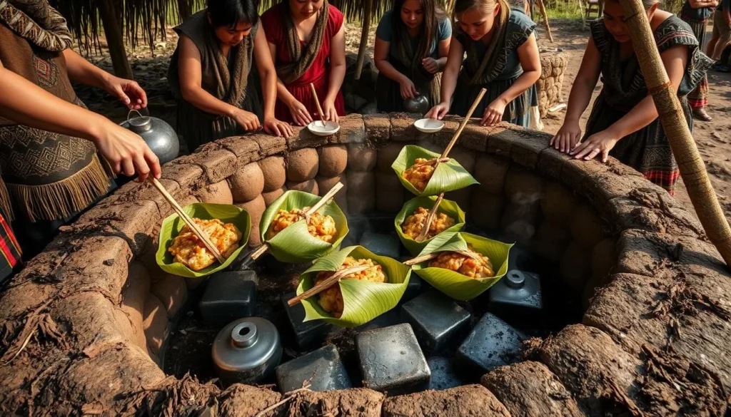 Traditional Māori hāngī meal being prepared in earth oven, authentic New Zealand cuisine Traditional Māori hāngī meal being prepared in earth oven, authentic New Zealand cuisine