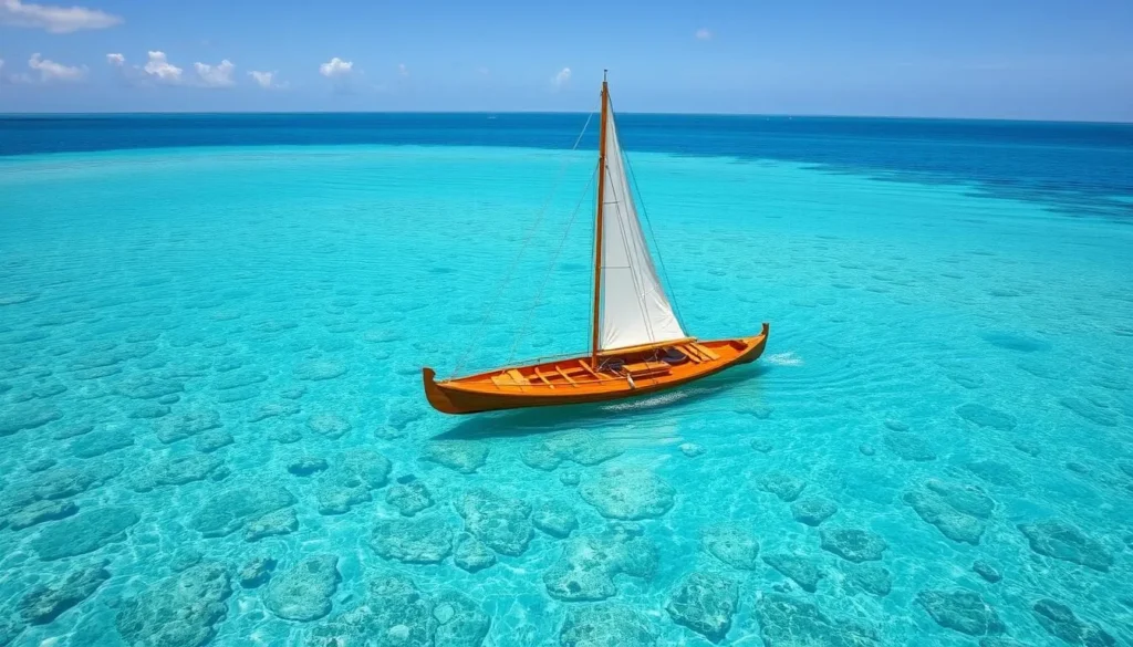 Traditional Marshallese outrigger canoe sailing on calm lagoon waters Traditional Marshallese outrigger canoe sailing on calm lagoon waters