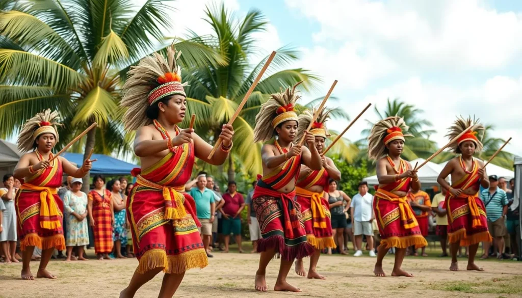 Traditional Marshallese stick dance performance with dancers in colorful attire Traditional Marshallese stick dance performance with dancers in colorful attire
