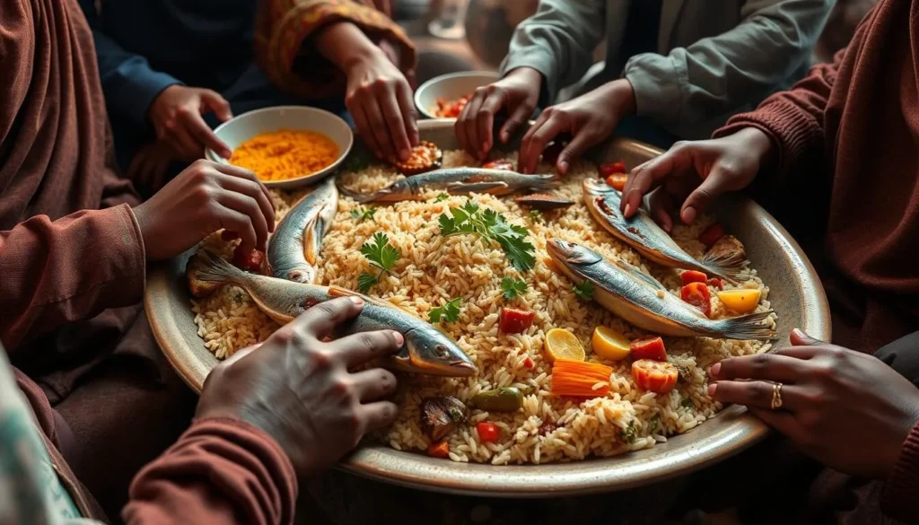 Traditional Mauritanian dish with rice, fish, and vegetables Traditional Mauritanian dish with rice, fish, and vegetables