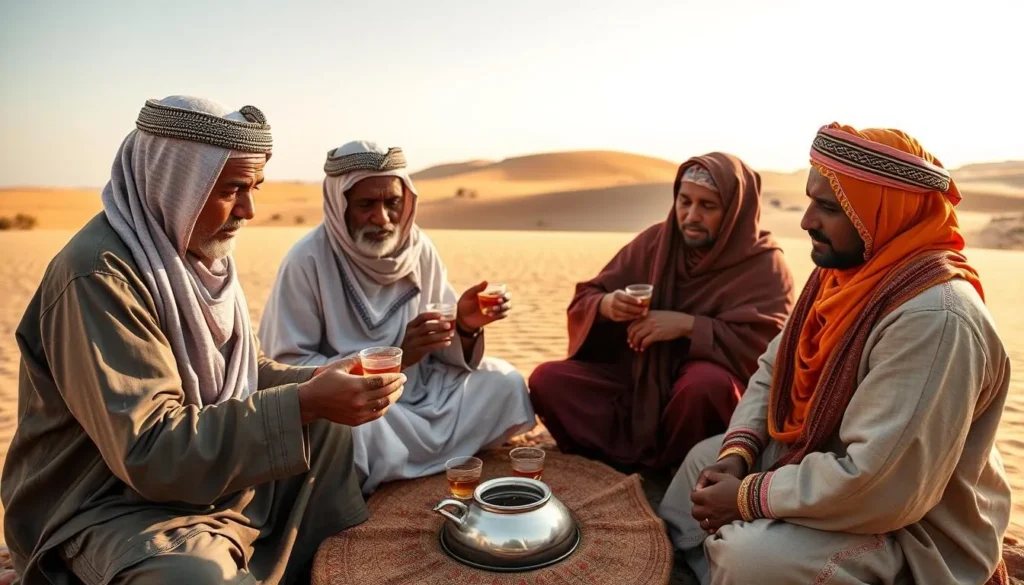 Traditional Mauritanian tea ceremony with locals in desert setting Traditional Mauritanian tea ceremony with locals in desert setting