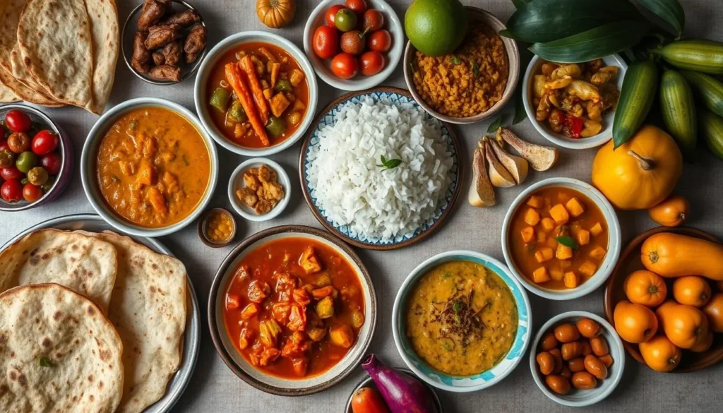 Traditional Mauritian food spread including dholl puri, curry, and rougaille