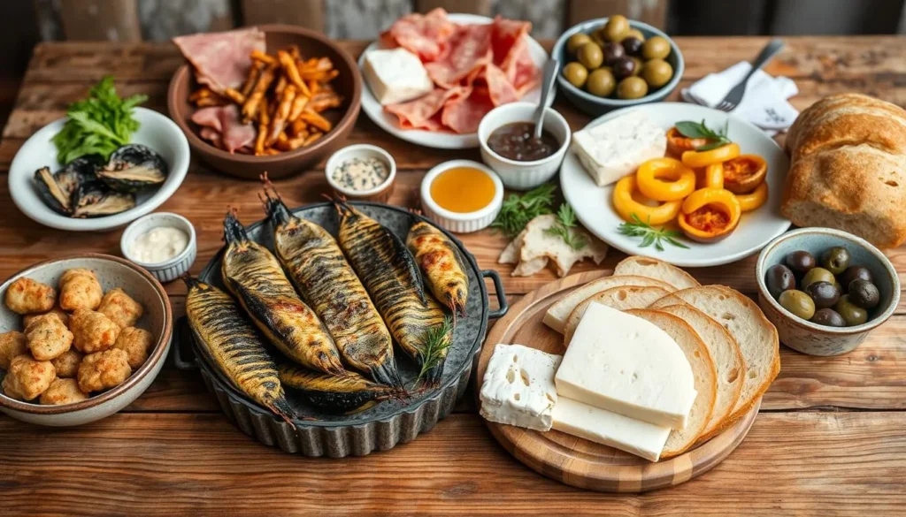 Traditional Montenegrin food including seafood, prosciutto, and cheese Traditional Montenegrin food including seafood, prosciutto, and cheese