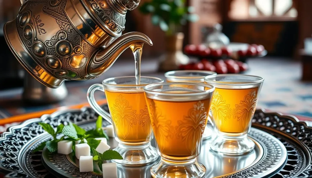 Traditional Moroccan mint tea being poured from height into decorative glasses, an essential cultural experience when exploring Morocco's best things to do