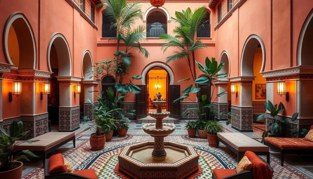 Traditional Moroccan riad with central courtyard and fountain, a must-experience accommodation when exploring Morocco best things to do